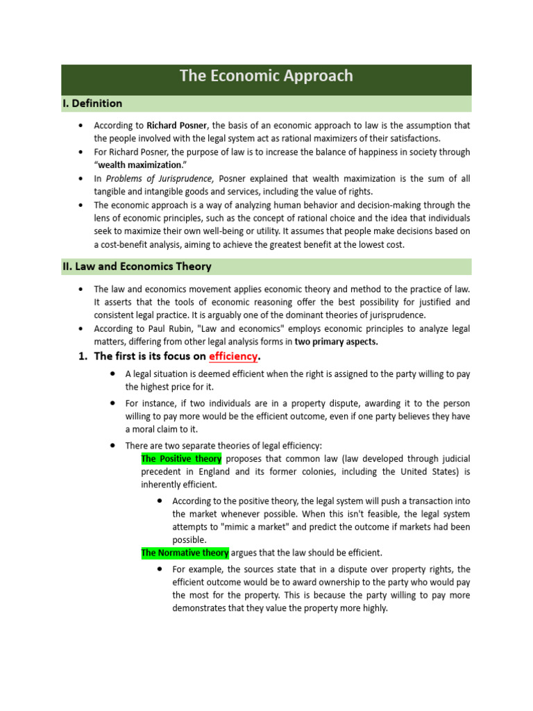 The Economic Approach Reviewer | PDF | Tort | Law And Economics