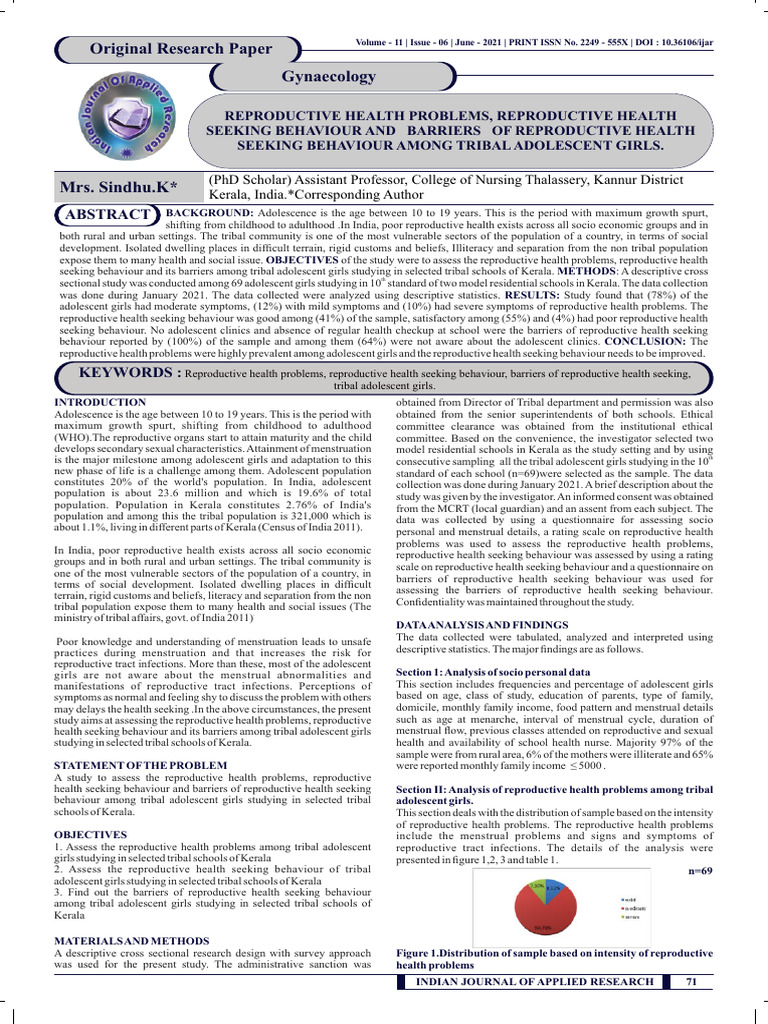 Reproductive Health in Tribal Adolescents | PDF | Menstruation | Urination