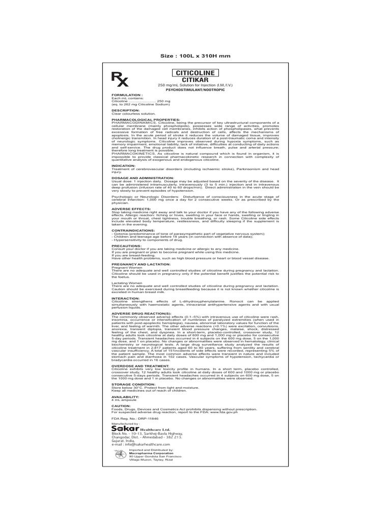 Citicoline 250 mg/mL Injection Overview | PDF | Intravenous Therapy ...