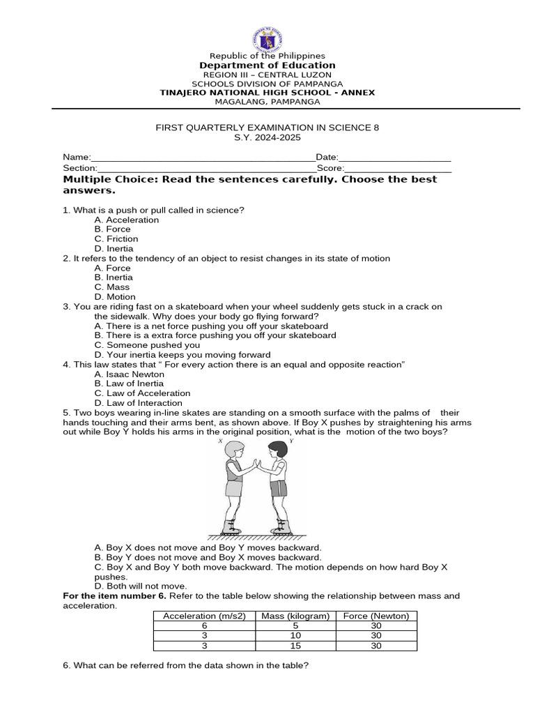 Grade 8 Science First Quarter Exam 2024 | PDF | Series And Parallel ...
