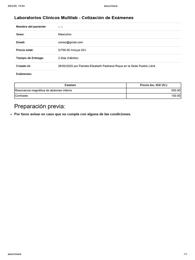 Cotización Resonancia Magnética Multilab | PDF