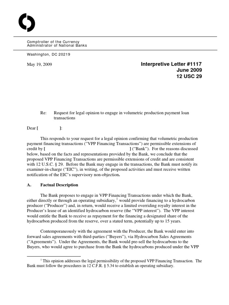 OCC No Action Letter 2009 on VPP Financial Transaction Loans Free