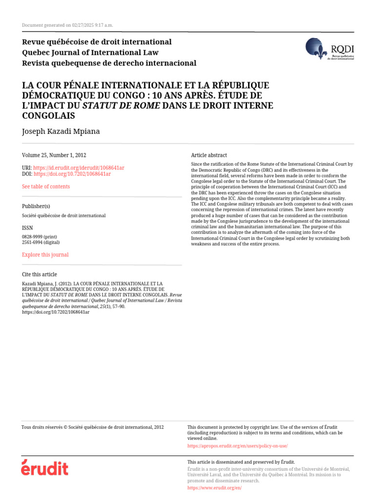 La Cour Pénale Internationale Et La République Démocratique Du Congo ...