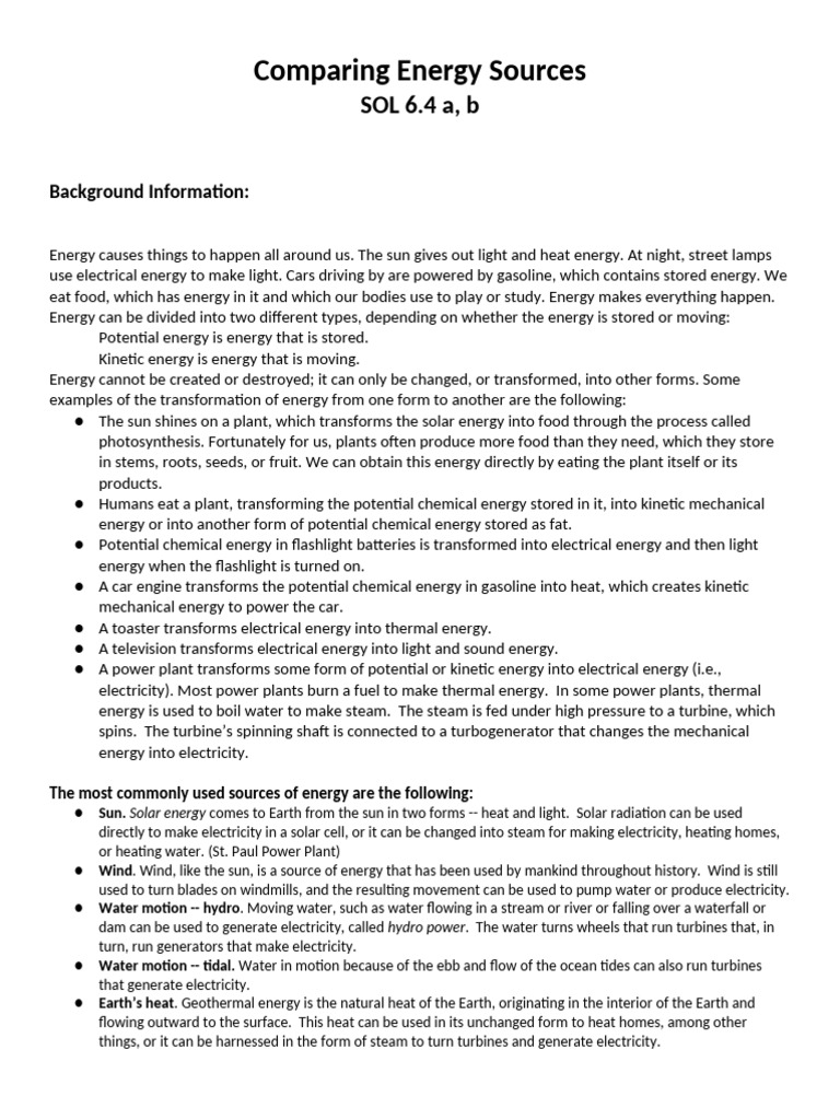 Energy Source Comparison Guide | PDF | Energy Development | Power Station