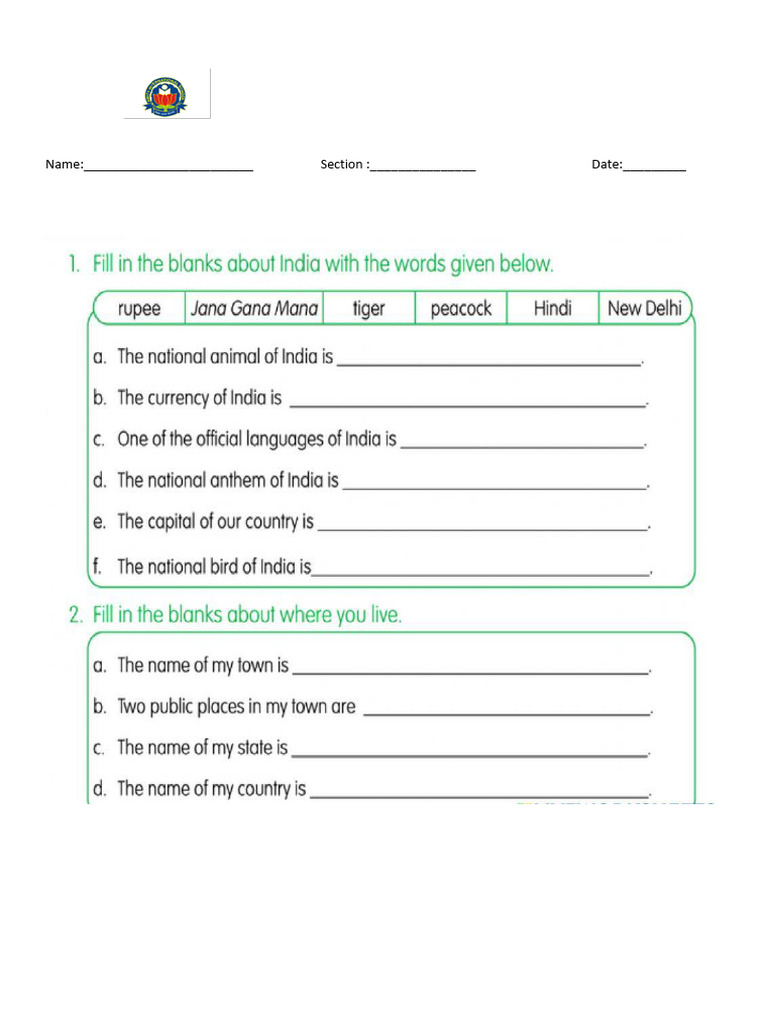 Class II E.V.S Worksheet: My Country | PDF