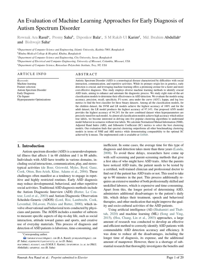 An Evaluation of Machine Learning Approaches For Early Diagnosis of ...