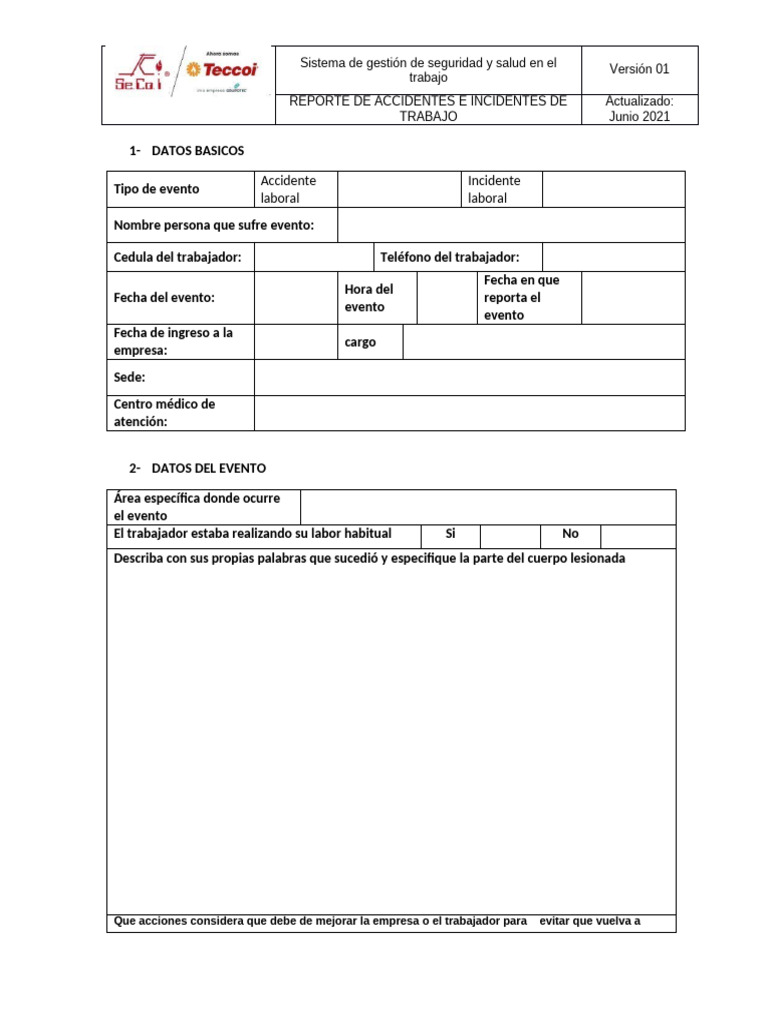 Formato Reporte de ACCIDENTES E INCIDENTES - V01 - JUNIO 2021 | PDF