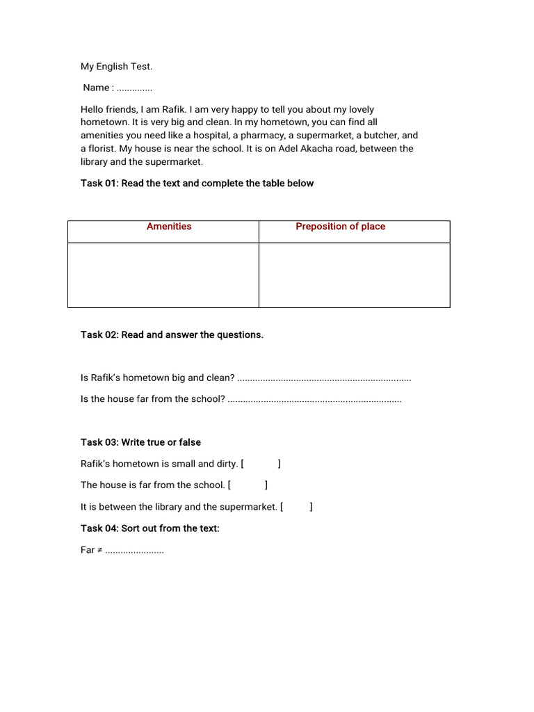 Rafik's Hometown Overview and Test | PDF