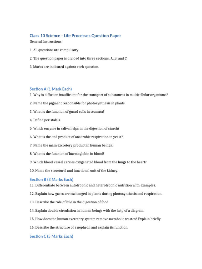 Class 10 Life Processes Test Paper | PDF