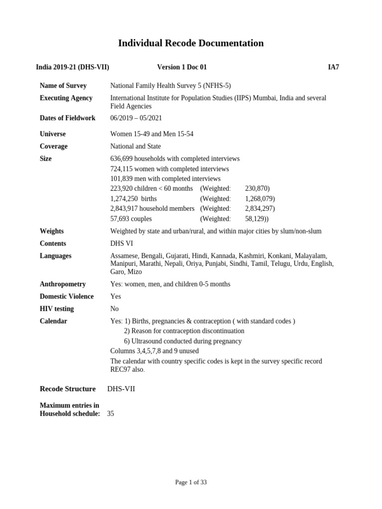 NFHS-5 Individual Recode Documentation | PDF