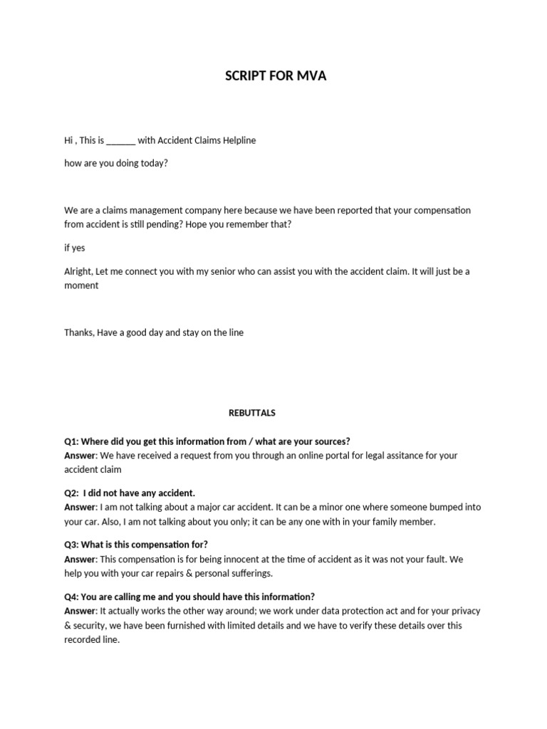 MVA Claims Helpline Call Script | PDF