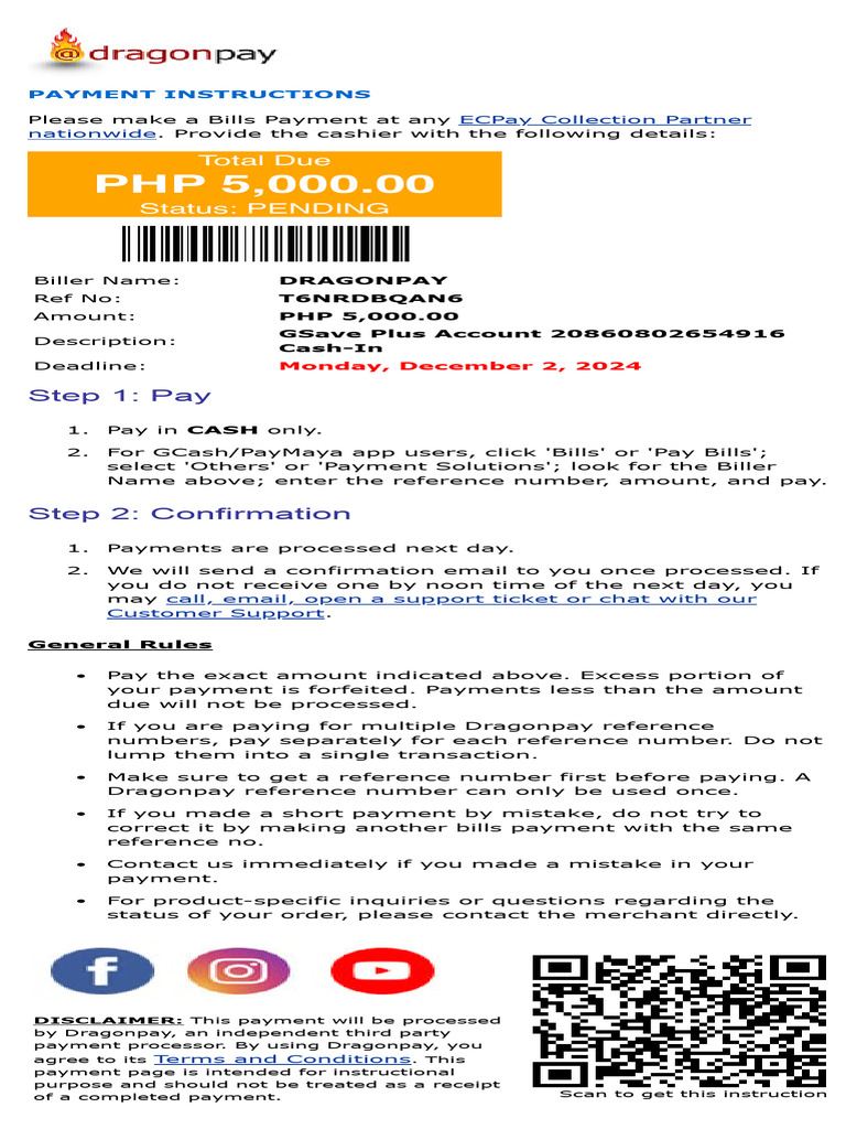 Dragonpay Payment Instructions Guide | PDF