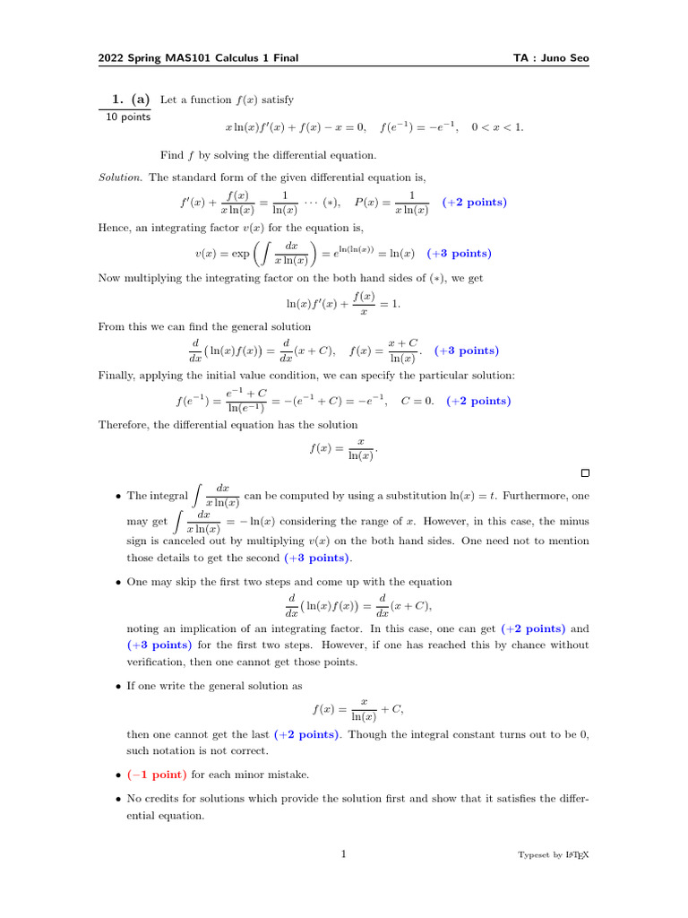 2022 Spring MAS101 Calculus 1 Final Exam | PDF | Mathematical Analysis ...