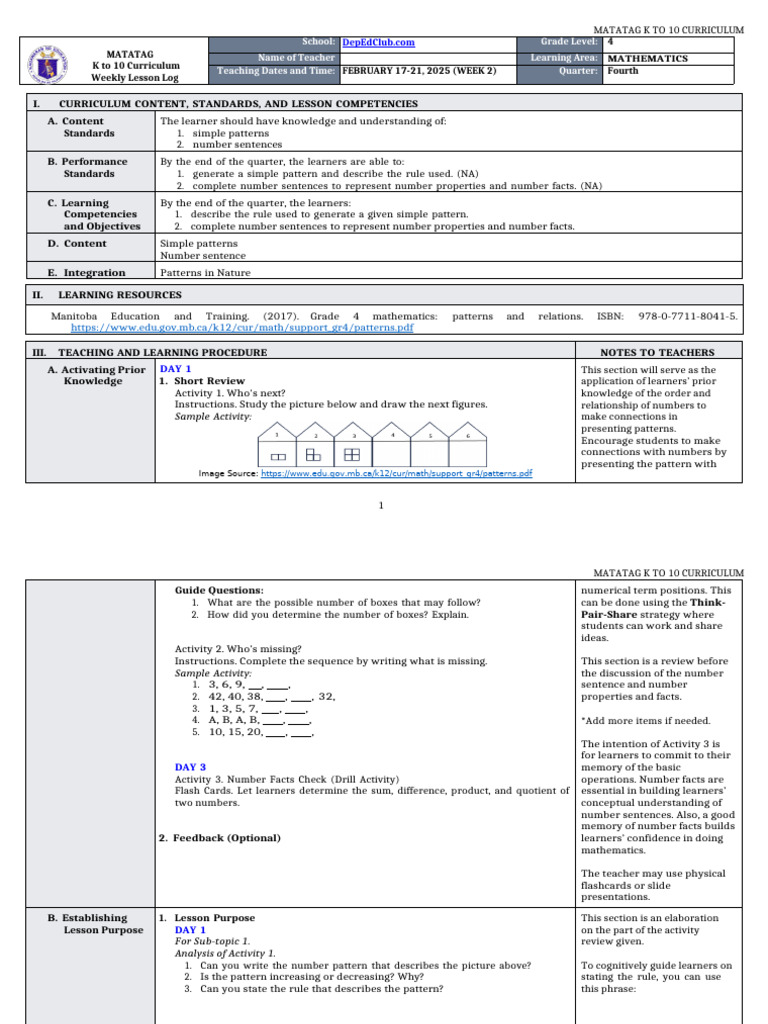 Grade 4 Math Weekly Lesson Plan | PDF | Pattern | Curriculum