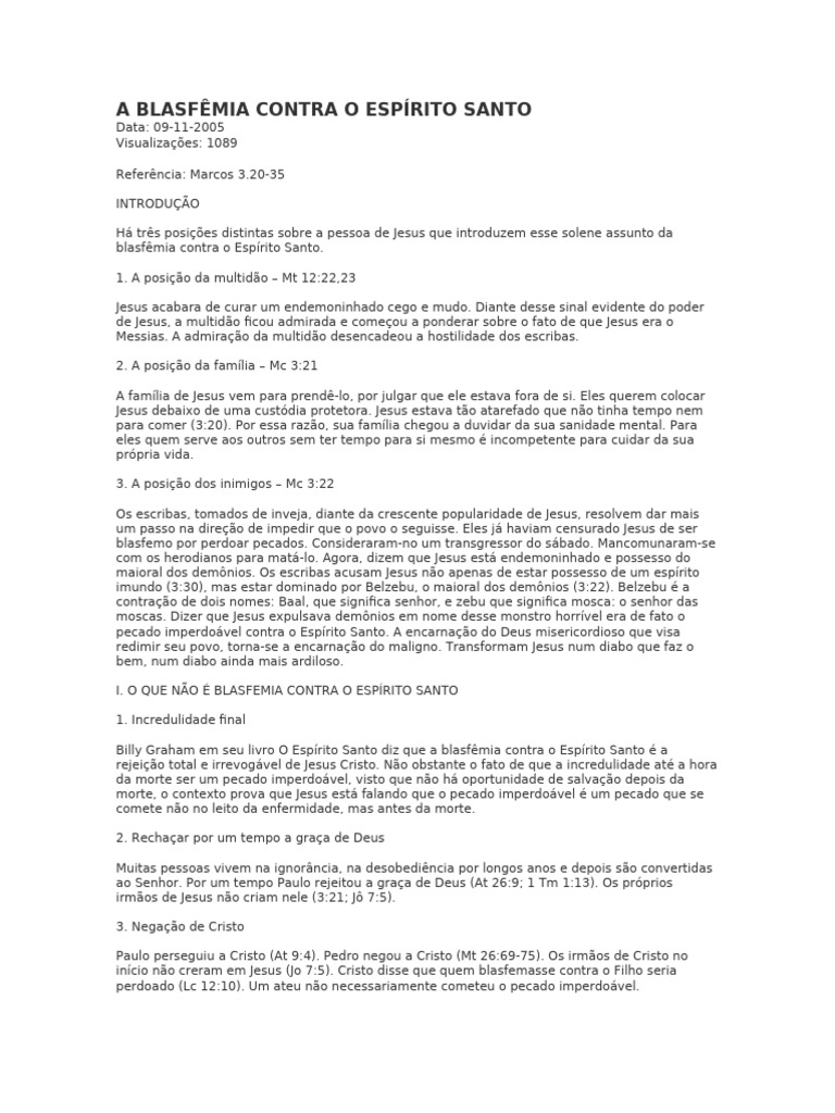 Blasfêmia Contra o Espírito Santo: Entenda | PDF | Pecado | Jesus