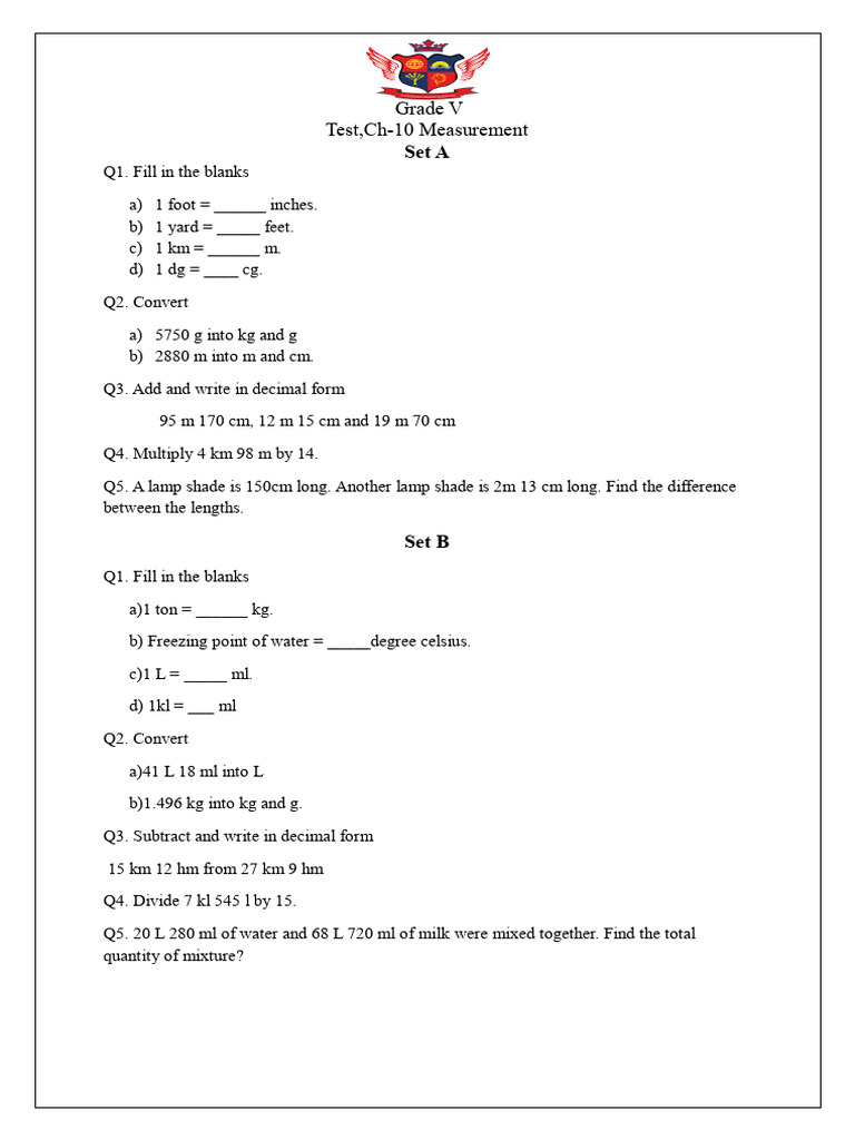 Grade V Measurement Test Questions | PDF