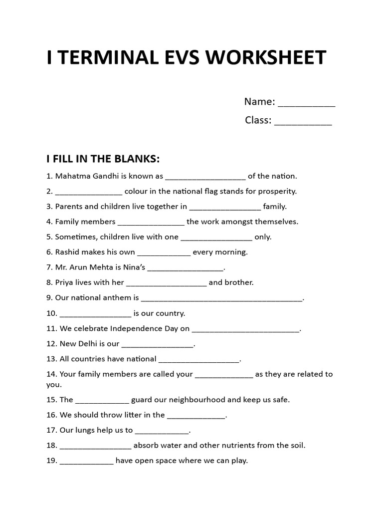 Terminal EVS Worksheet for Students | PDF | Foods | Plant Stem