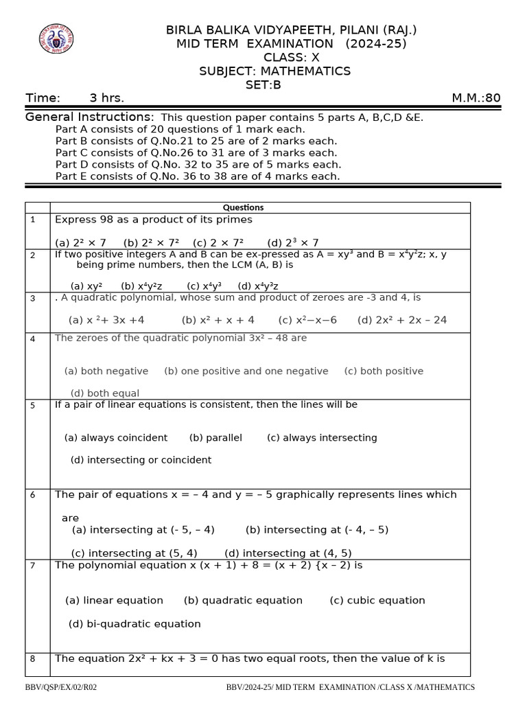 Class X Mathematics Mid-Term Exam 2024 | PDF | Equations | Polynomial