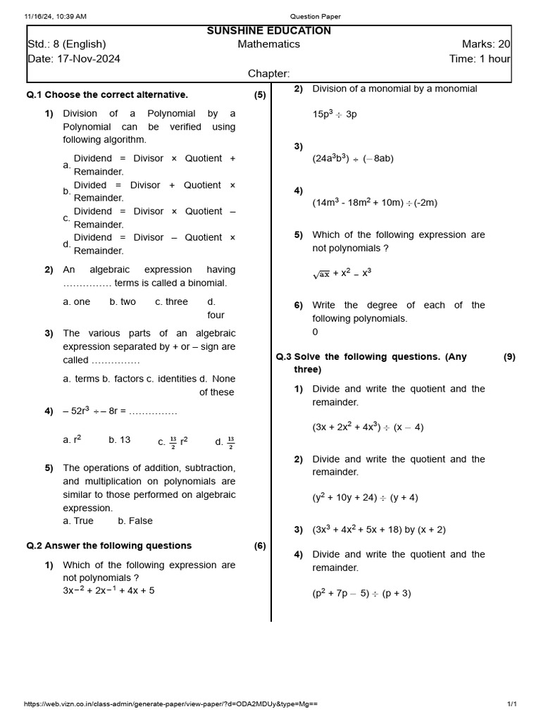 8th State Maths Division of Poly. | PDF | Division (Mathematics ...