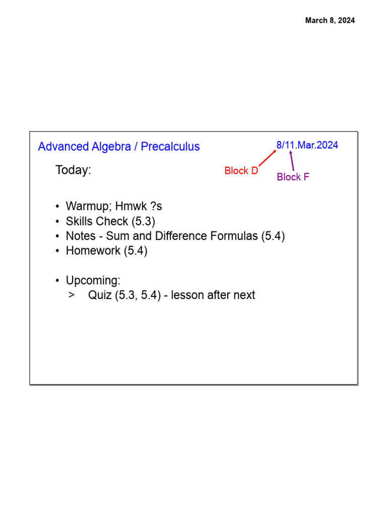 Algebra Precalculus: Sum & Difference Formulas | PDF