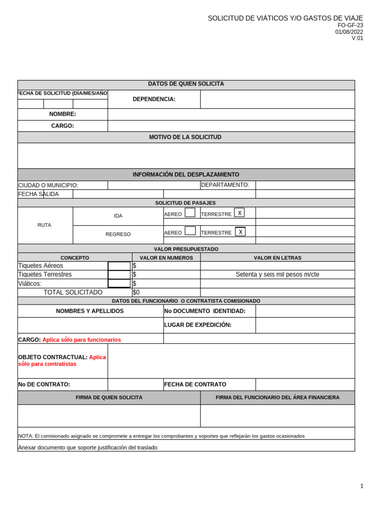 Fo-Gf-23 Solicitud de Viaticos-Gastos de Viaje | PDF