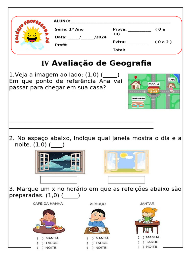 Avaliação de Geografia para 1º Ano | PDF