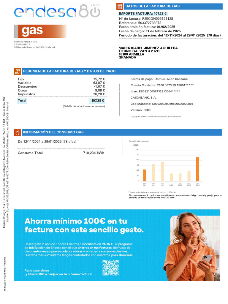 Factura de Gas Endesa: Resumen y Detalles | PDF | Cantidad | Naturaleza