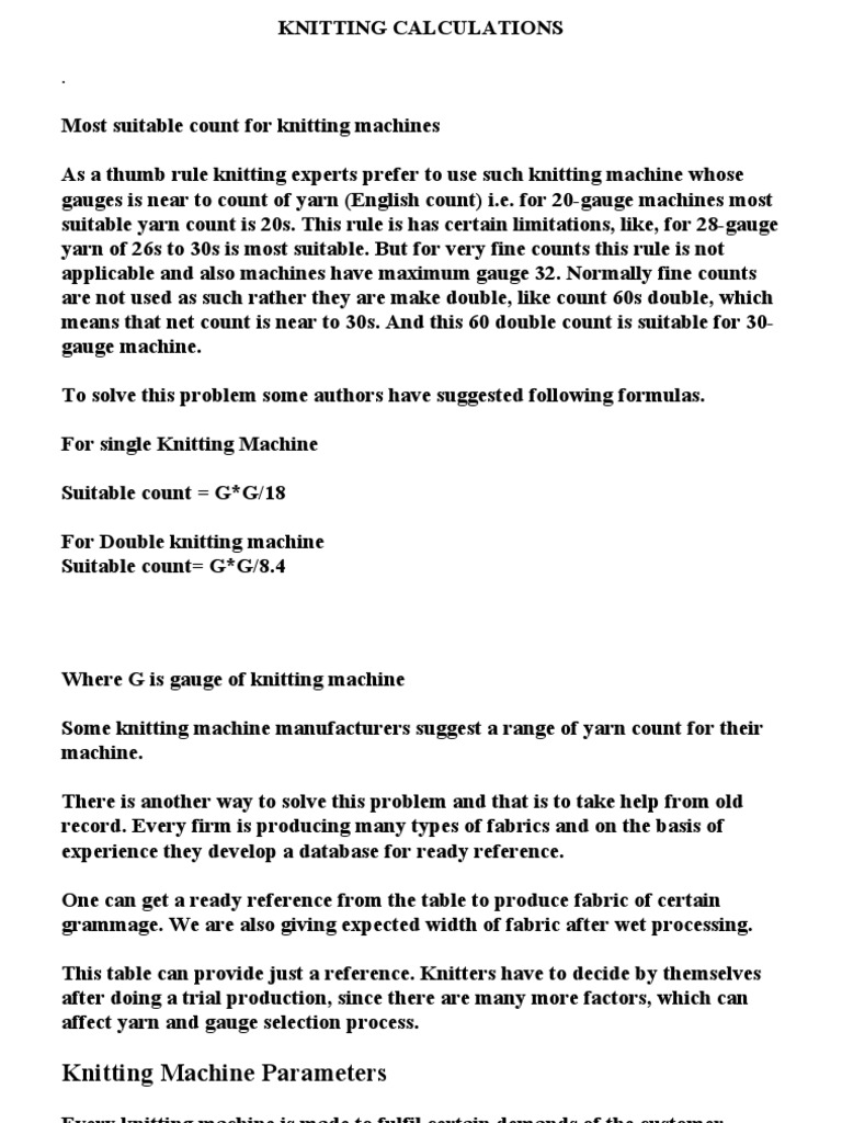 Knit Calculations Lect | Download Free PDF | Yarn | Gauge (Knitting)