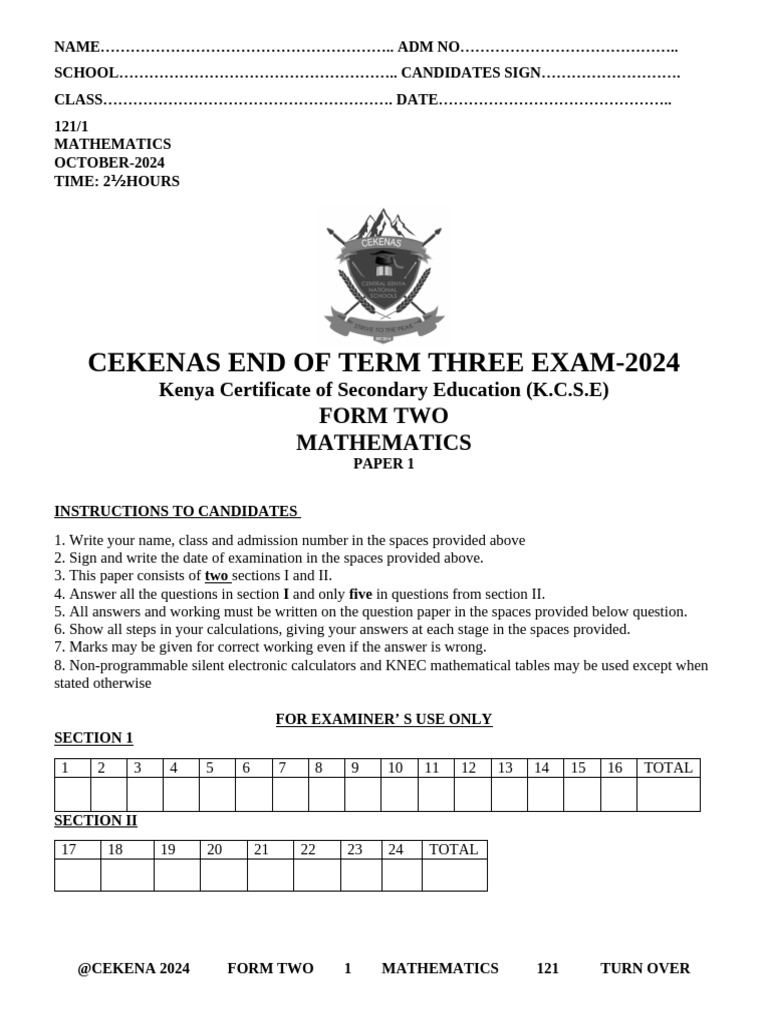 K.C.S.E Form Two Mathematics Exam 2024 | PDF | Mathematics