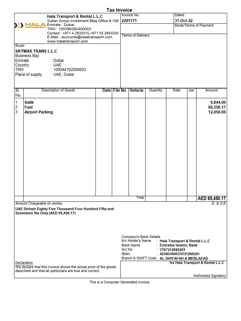 Tax Invoice for Hala Transport Services | PDF
