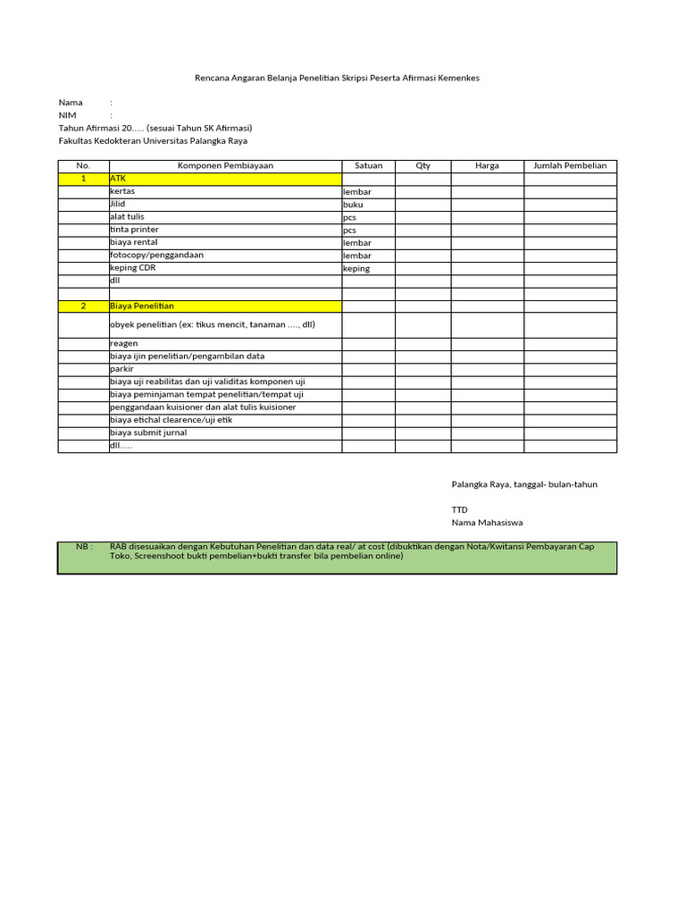 Rencana Anggaran Penelitian Skripsi Kemenkes | PDF