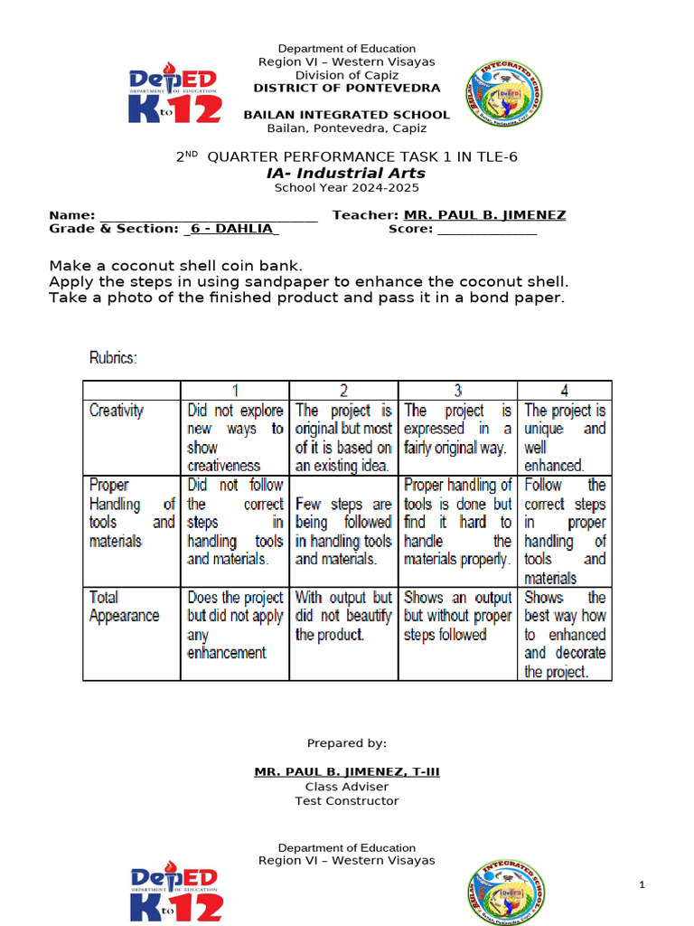 TLE-6 Performance Tasks for Industrial Arts | PDF