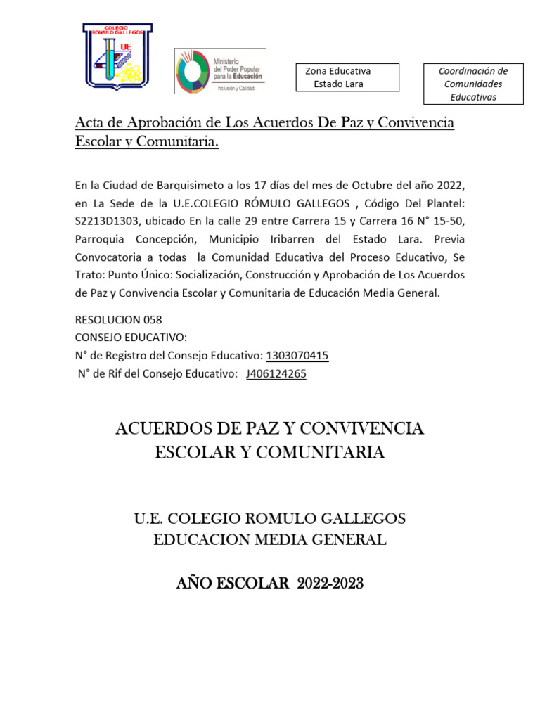 Acuerdos de Paz y Convivencia Escolar 22-23 Nuevas Romulogallegos | PDF ...