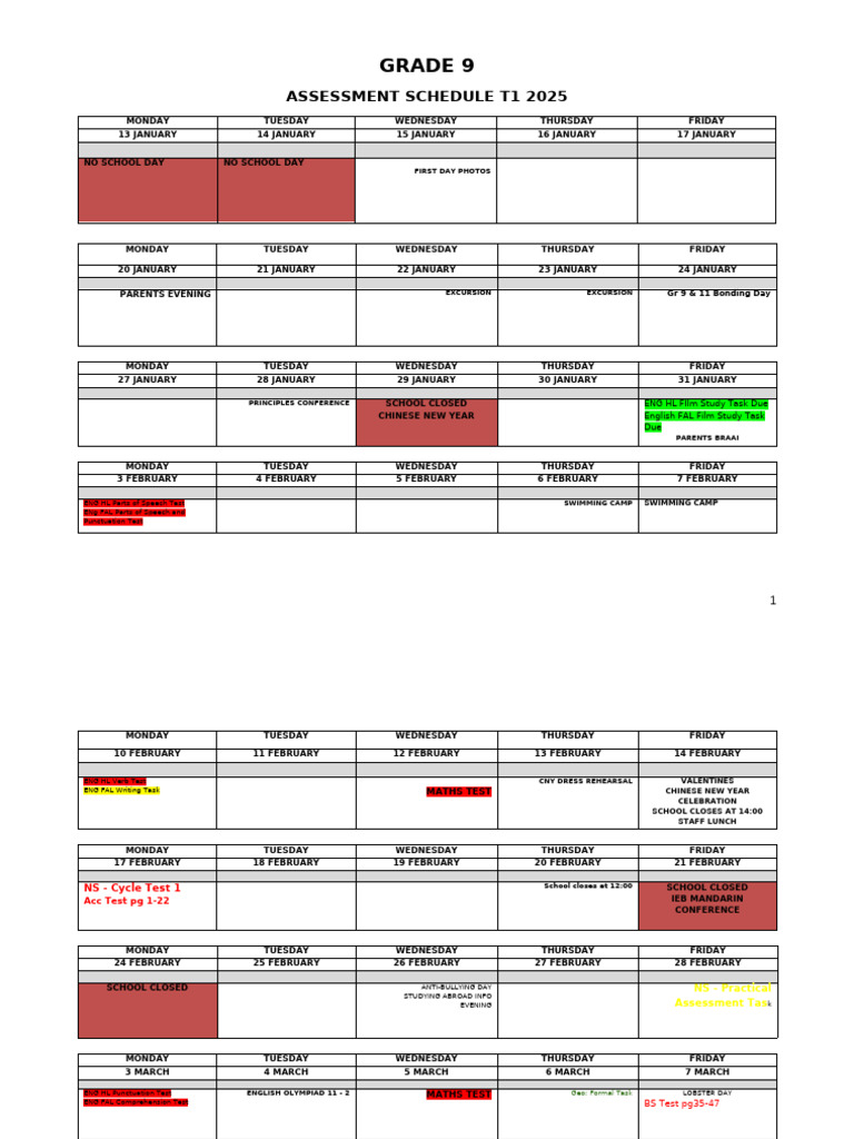Grade 9 Assessment Schedule T1 2025 | PDF