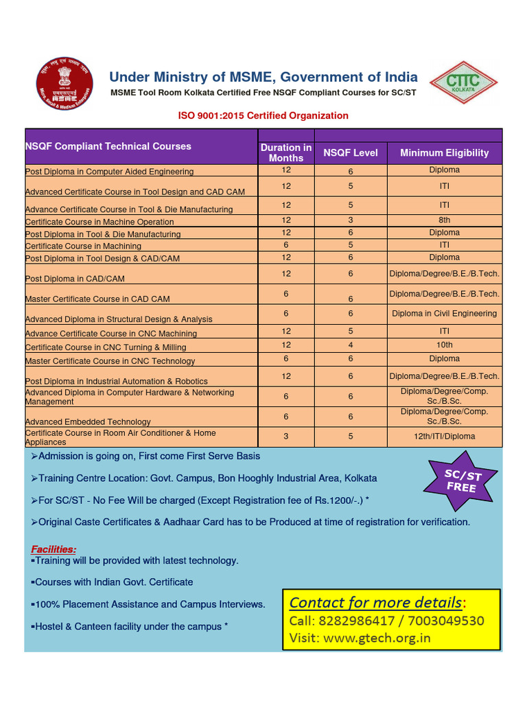 MSME Tool Room Kolkata: Free Courses for SC/ST | PDF | Diploma ...