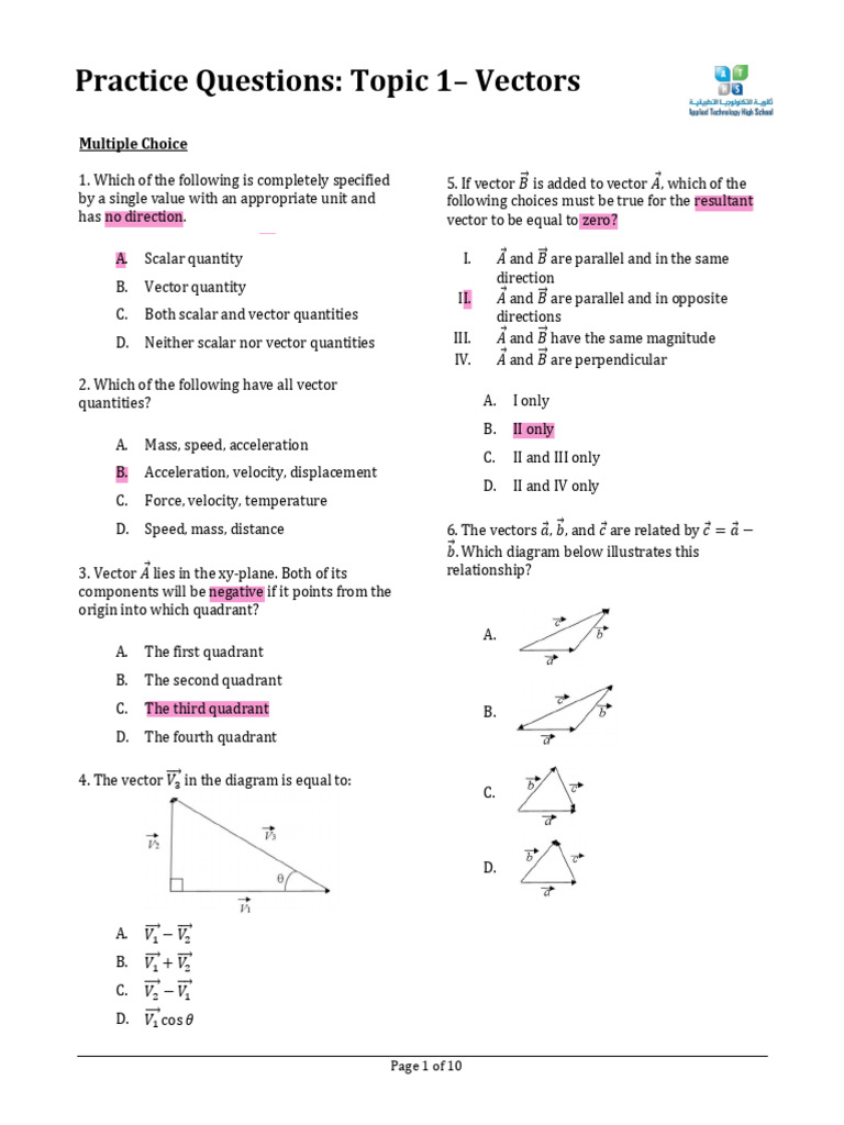 Practice Questions: Topic 1 Vectors: Multiple Choice | PDF | Euclidean ...