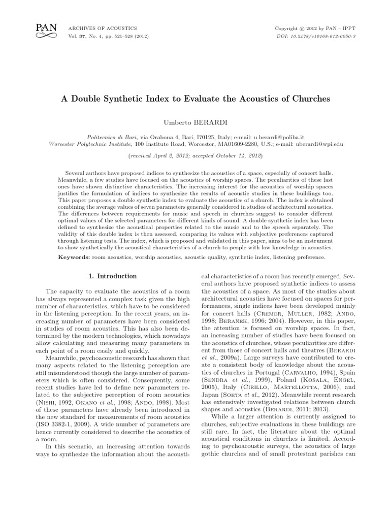 Berardi - 2012 - A Double Synthetic Index To Evaluate The Acoustics of ...