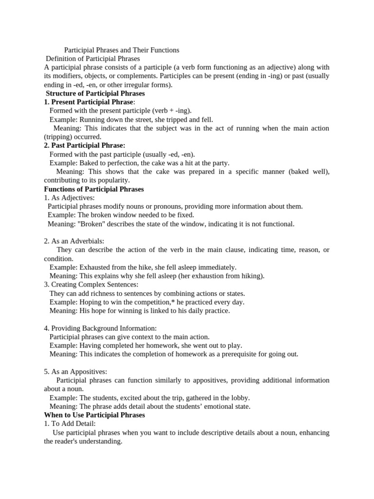 Participial Phrases and Their Functions | PDF | Verb | Adjective