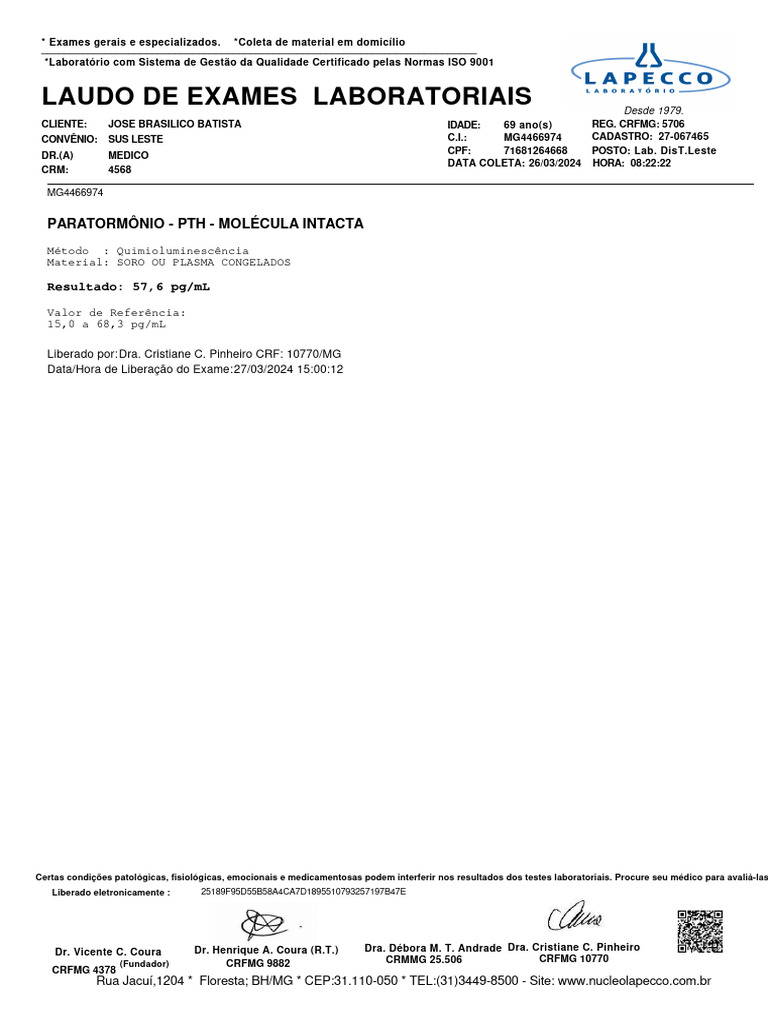 Laudo de Exames Laboratoriais: Paratormônio - PTH - Molécula Intacta | PDF