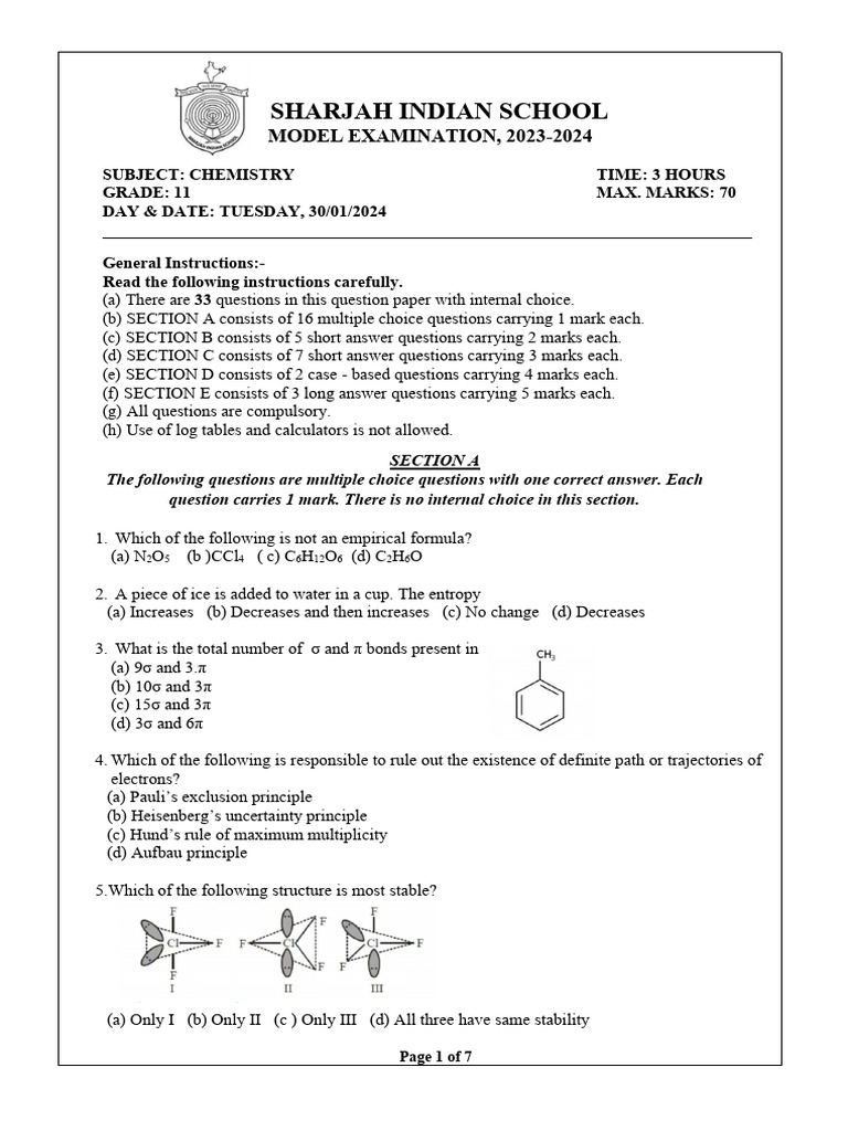 Sharjah Indian School Grade 11 Chemistry Exam | PDF | Chemical Bond ...