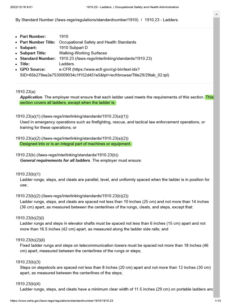 OSHA Ladder Safety Standards 1910.23 | PDF | Ladder | Occupational ...