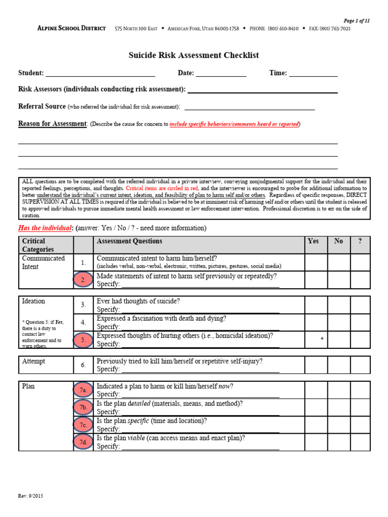 Suicide Risk Assessment Checklist | PDF | Suicide | Mental Health