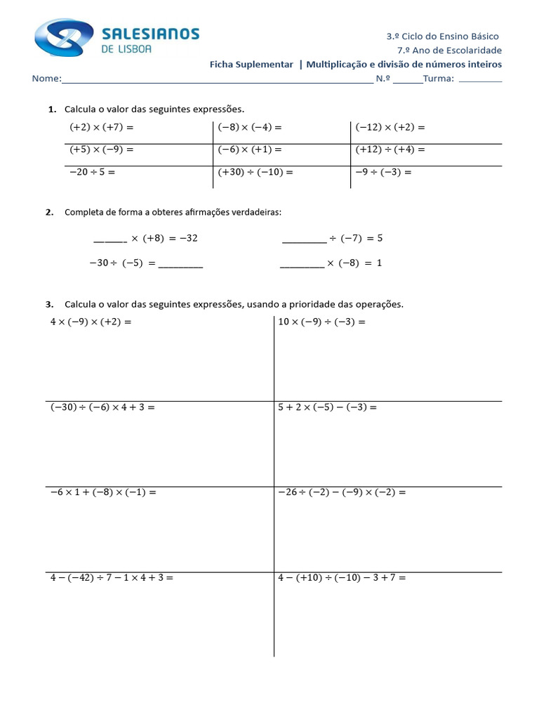 Multiplicação e Divisão de Inteiros 7.º Ano | PDF
