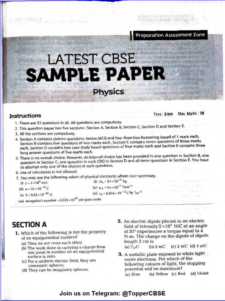 Class 12 Physics Sample Paper 2024 | PDF