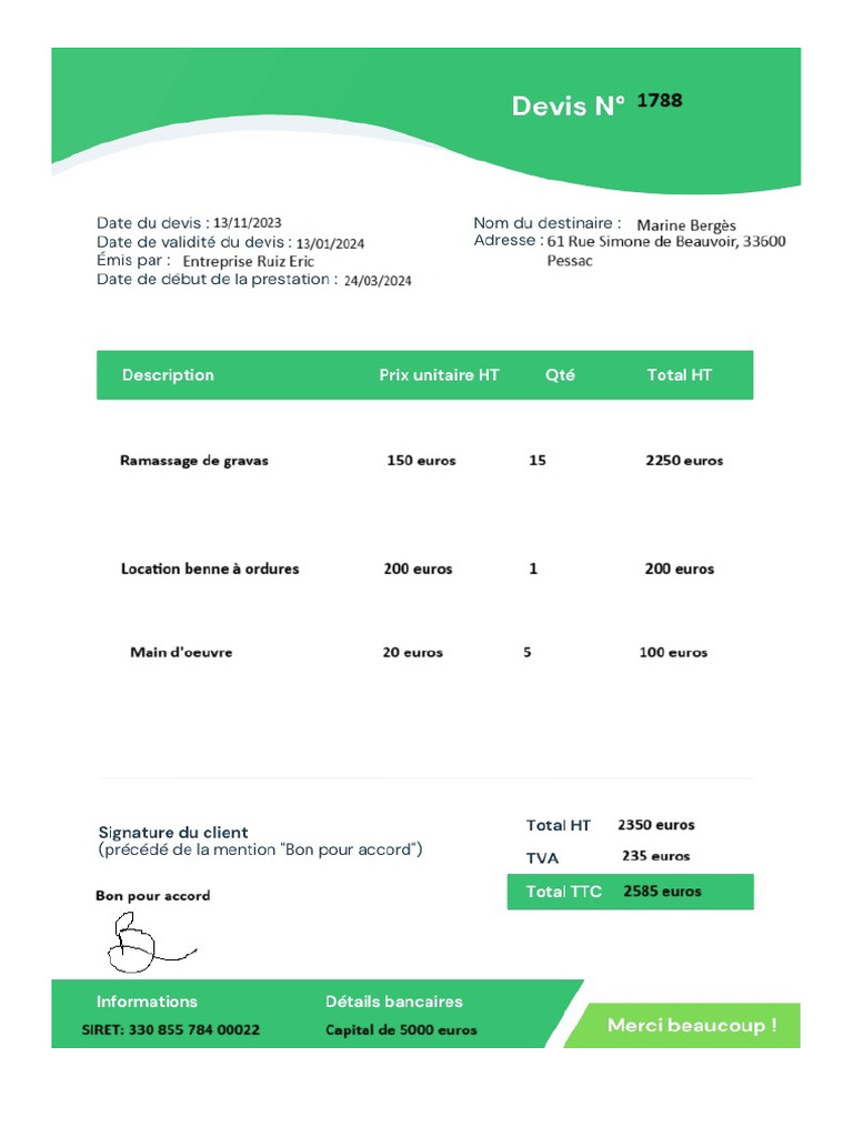 Devis de Réparation Sur Le Terrain de L'usagère | PDF