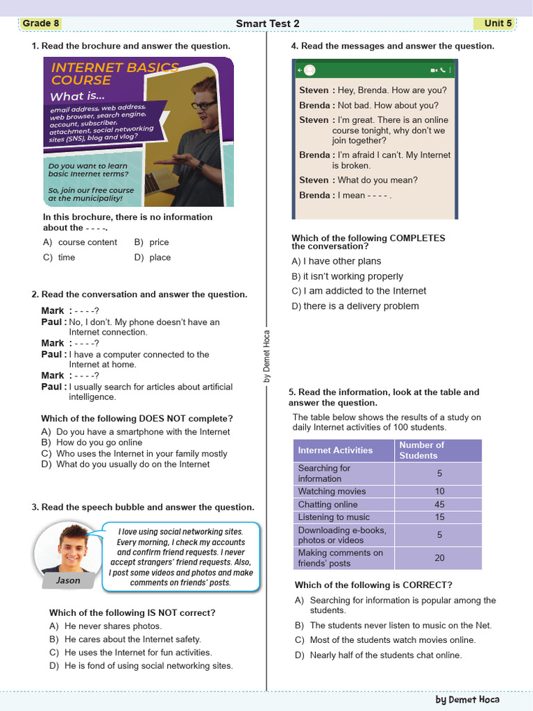Grade 8 Internet Basics Test Guide | PDF | Online And Offline | Internet