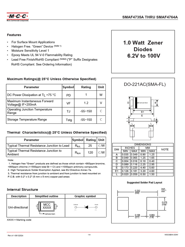 1W Zener Diodes 6.2V-100V Specifications | PDF | Electricity | Electric ...