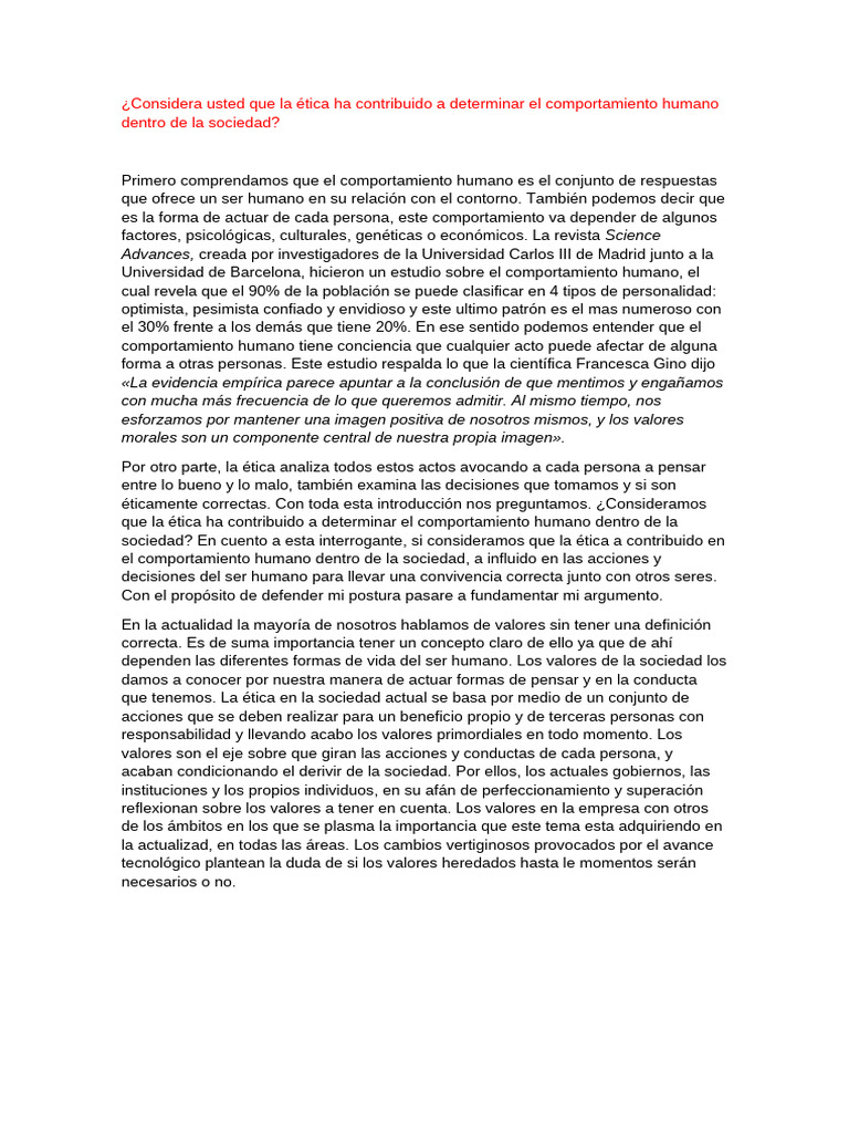 Ética y comportamiento humano en sociedad | PDF | Comportamiento | Sociedad