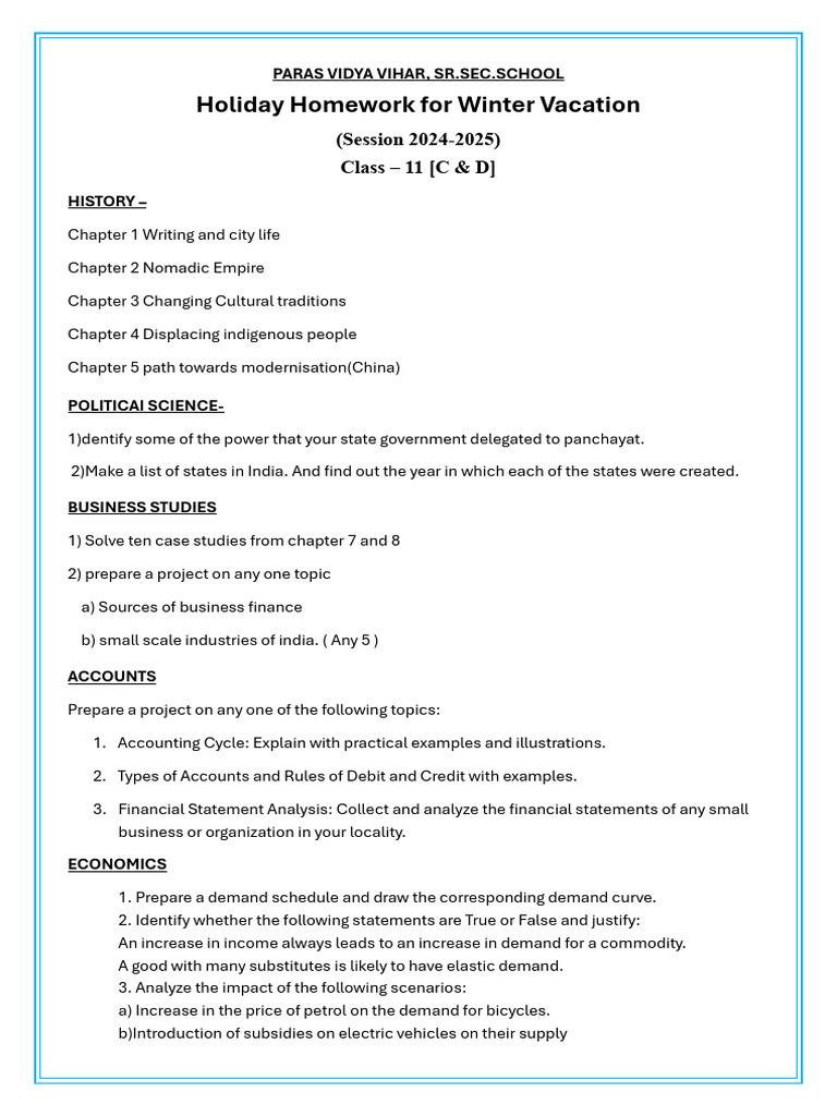 Winter Vacation Homework Class 11 | PDF