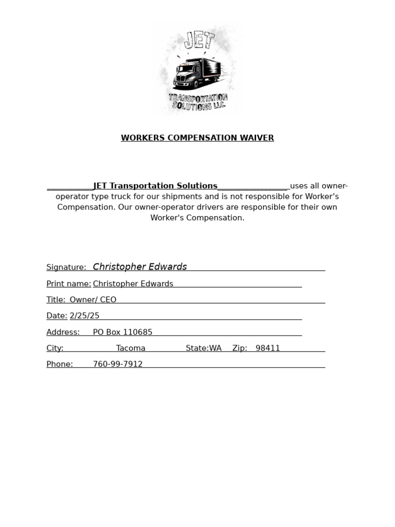 Workers Comp waiver-JET | PDF